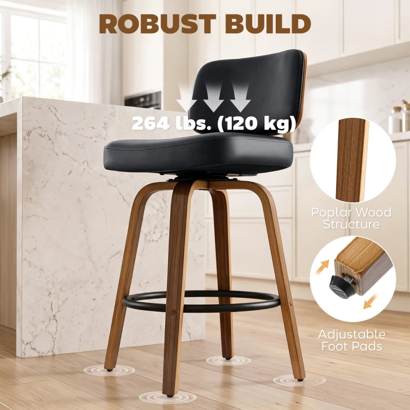 HOMCOM Bar Stools Set of 2 Modern Swivel PU Leather Upholstered Counter Height Bar Chairs, Black