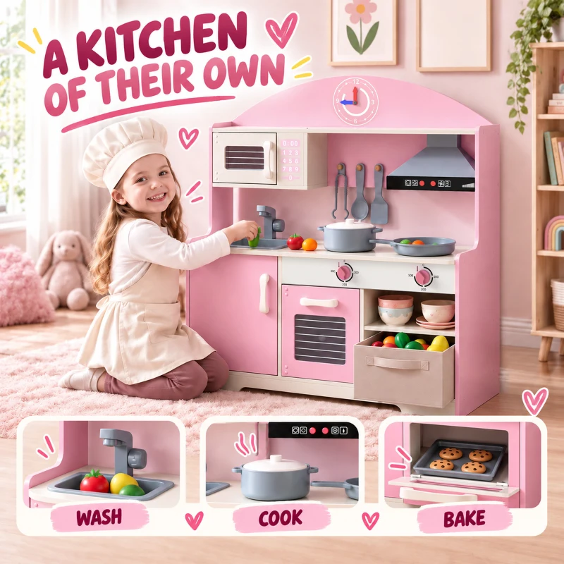 Qaba Wooden Play Kitchen Set for Kids with Real Lights & Sounds, 5PCs Accessories, Gift for Boys & Girls, Ages 3-6, Pink