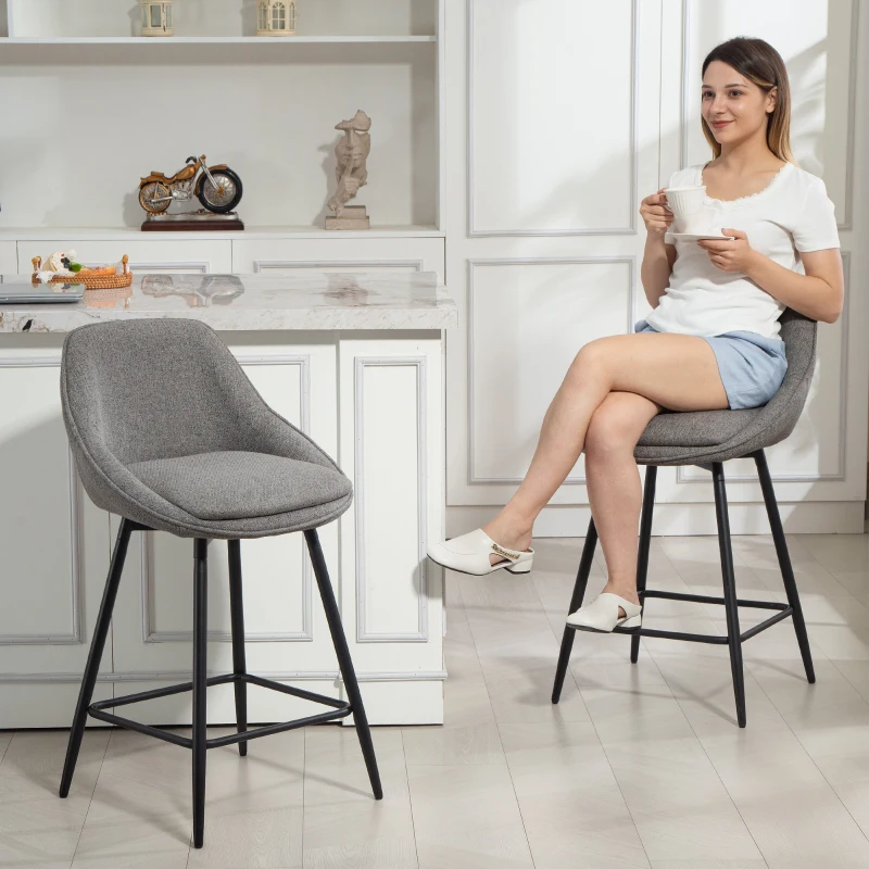 HOMCOM 26" Counter Height Barstools Set of 2, Upholstered Swivel Bar Stools with Backrests and Armrests, Dark Grey