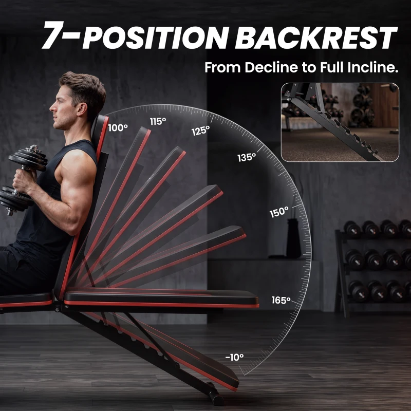Soozier Adjustable Weight Bench for Home Gym, Foldable Incline Decline Bench Press with Resistance Bands, 7-Position Backrest