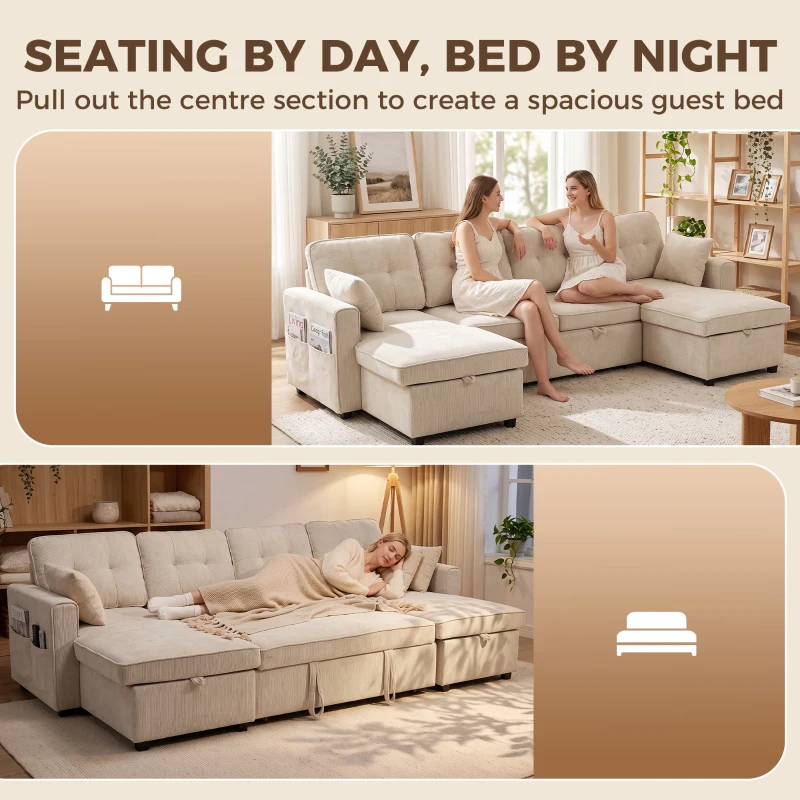 HOMCOM Sectional Sofa Bed, 113" U Shaped Pull Out Sleeper Sofa Bed with Dual Storage Chaises, Wide and Deep Seat, Beige