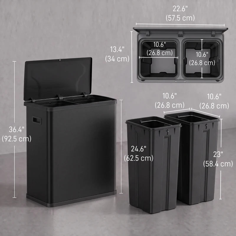 HOMCOM Automatic Trash Can, 15.8Gal / 60L Touchless Garbage Can with Dual Compartments, Stainless Steel, Black