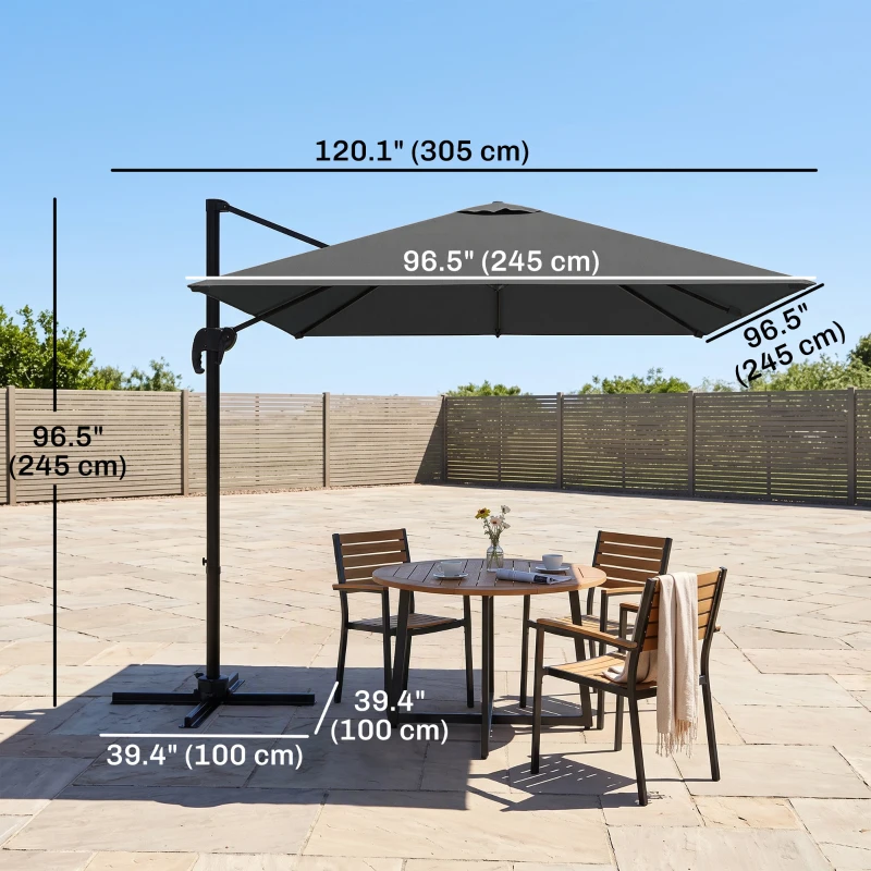 Outsunny 8' x 8' Square Patio Hanging Offset Umbrella with 360° Rotation, Aluminum Outdoor Cantilever Parasol with Crank & Tilt, Sun Canopy Shelter with Cross Base, Grey