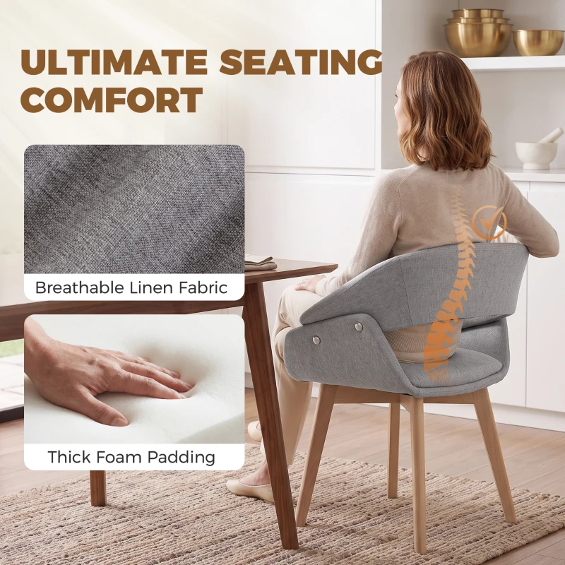 HOMCOM Dining Chairs Linen Fabric Upholstered Ergonomic Kitchen Chairs Beech Wood Legs Set of 2, Light Grey
