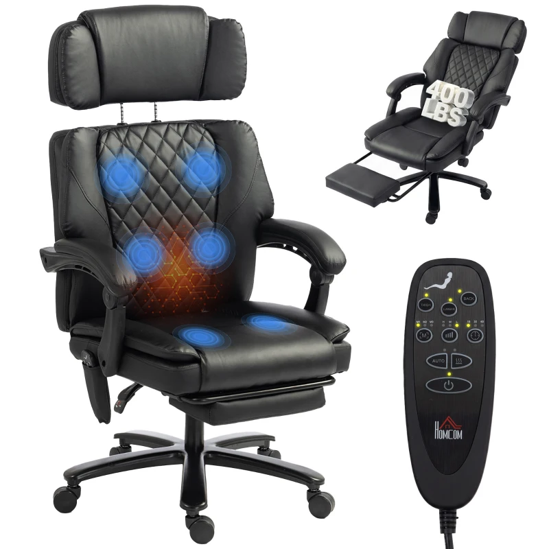 HOMCOM Massage Office Chair with Heat, 400lbs Heavy Duty Desk Chair with Adjustable Headrest, Reclining, Footrest, Black