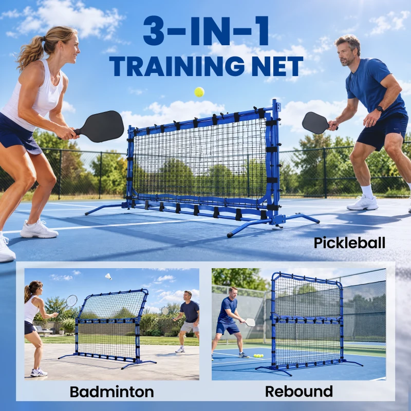 Soozier 3 in 1 Pickleball Net, Foldable Pickle Ball Net with Rebounder, Adjustable Height and Angle, Metal Frame, Blue