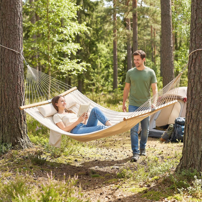 Outsunny Outdoor Hammock 2-Person, with Pillow & Pad, 440 lbs Capacity, Cream White