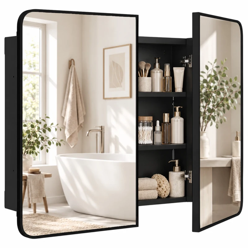 HOMCOM 30 x 24 Inch Bathroom Medicine Cabinet with Mirror, Adjustable Shelves, Wall-Mounted or Recessed, Black
