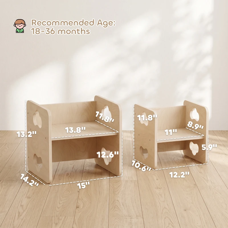 Qaba Montessori Kids Table and Chair Set with 3-Level Heights for 18-36 Months Toddlers, Learning, Play and Mealtime, Natural