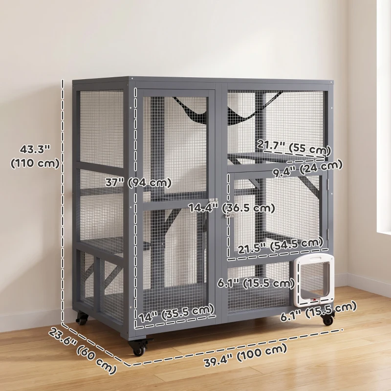 PawHut Cat Condo Wooden Indoor Cat House on Wheels with Cat Flap Door Platforms Hammock Openable Top for 2 Cats, Light Grey