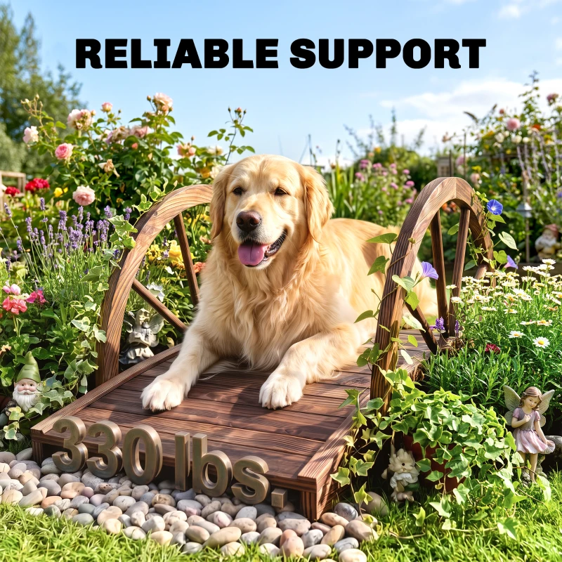 Outsunny 3.3ft Wooden Garden Bridge Arc Footbridge with Half-Wheel Style Railings & Solid Fir Construction, Stained Wood