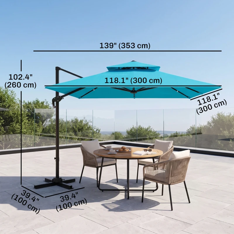 Outsunny 10' x 10' Cantilever Patio Umbrella, Double Top Square Offset Umbrella with 360° Rotation, 5 Adjustable Tilt Angles, Umbrella Cover, Aluminum Pole and Ribs, Light Blue