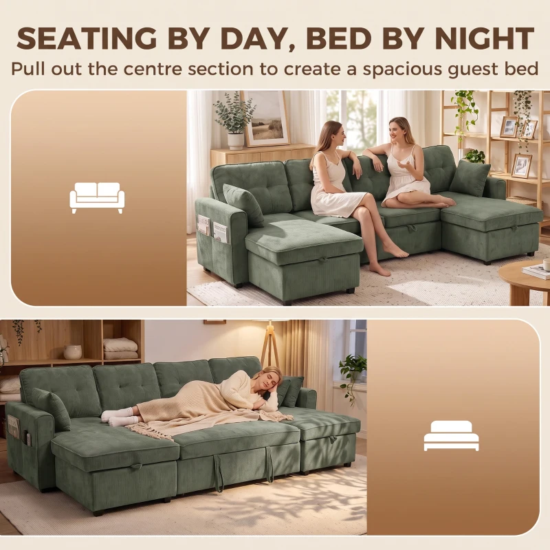 HOMCOM Sectional Sofa Bed, 113" U Shaped Pull Out Sleeper Sofa Bed with Dual Storage Chaises, Wide and Deep Seat, Green