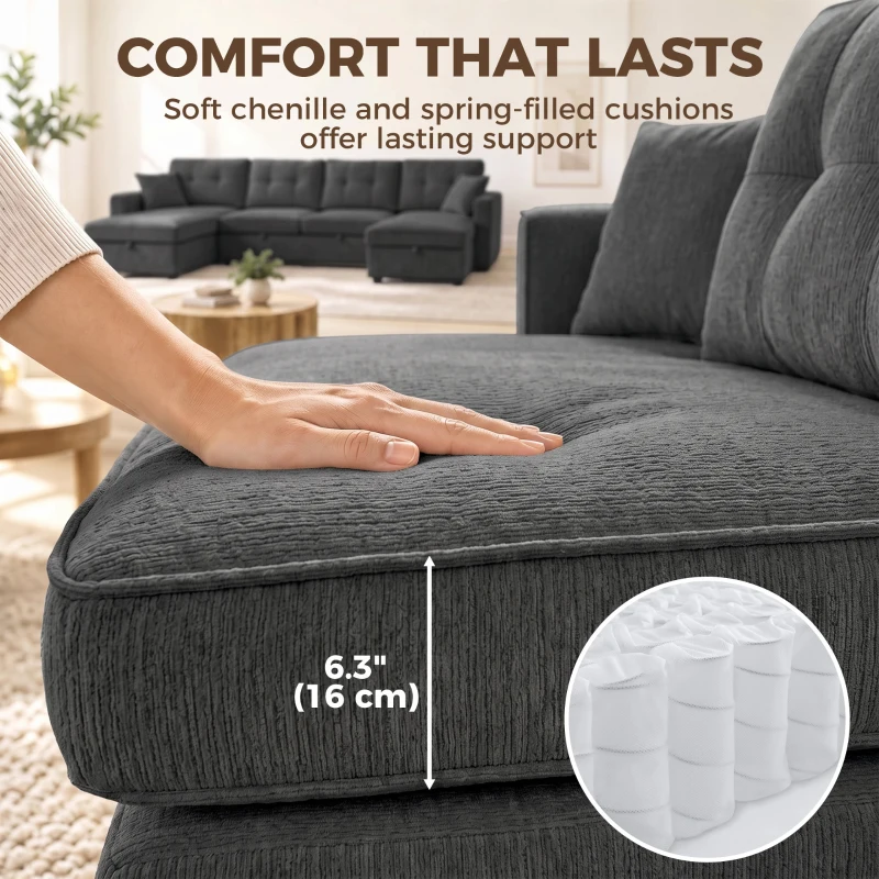 HOMCOM Sectional Sofa Bed, 113" U Shaped Pull Out Sleeper Sofa Bed with Dual Storage Chaises, Wide and Deep Seat, Dark Grey