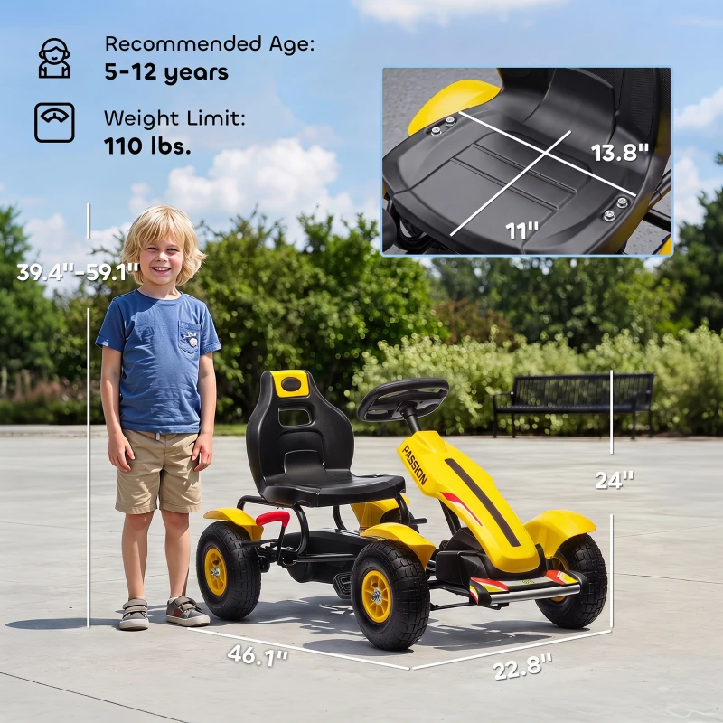 Aosom Kids Pedal Go Kart, Outdoor Ride on Toys with Adjustable Seat, Sharp Handling, Handbrake, 4 Non-Slip Rubber Wheels for Boys & Girls Aged 5-12 Years Old, Yellow