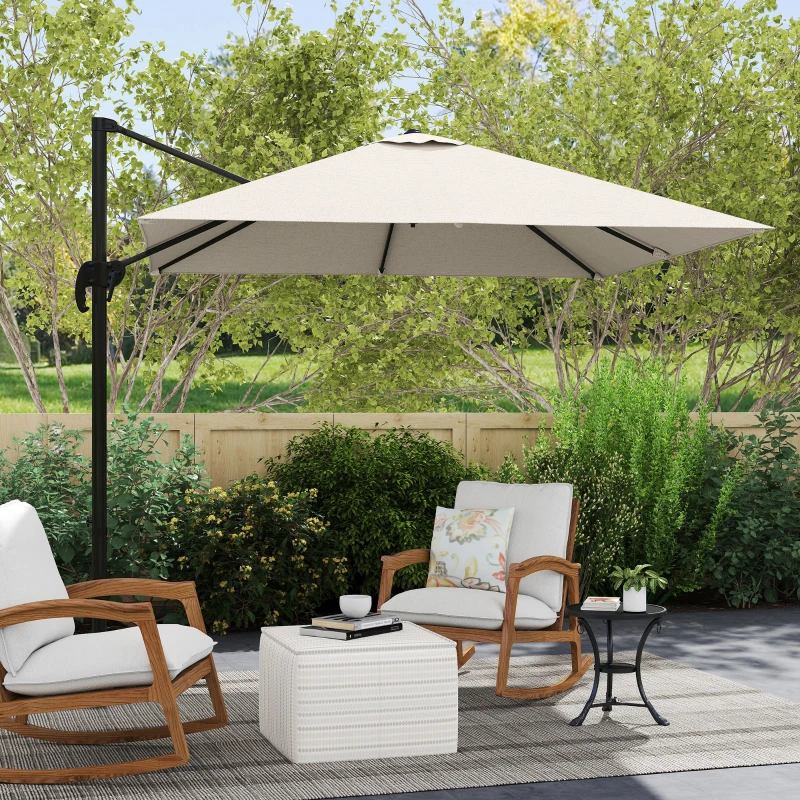 Outsunny 8' x 8' Square Patio Hanging Offset Umbrella with 360° Rotation, Aluminum Outdoor Cantilever Parasol with Crank & Tilt, Sun Canopy Shelter with Cross Base, White