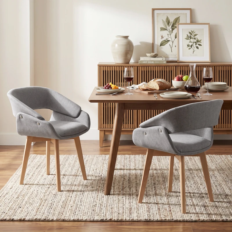 HOMCOM Dining Chairs Linen Fabric Upholstered Ergonomic Kitchen Chairs Beech Wood Legs Set of 2, Light Grey
