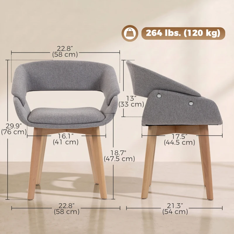 HOMCOM Dining Chairs Linen Fabric Upholstered Ergonomic Kitchen Chairs Beech Wood Legs Set of 2, Light Grey