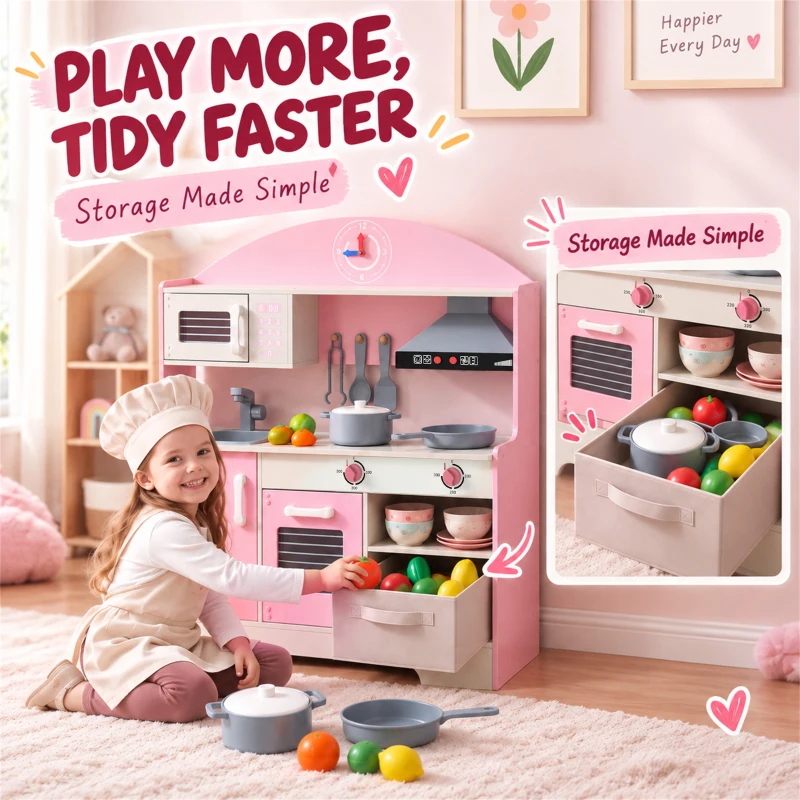 Qaba Wooden Play Kitchen Set for Kids with Real Lights & Sounds, 5PCs Accessories, Gift for Boys & Girls, Ages 3-6, Pink