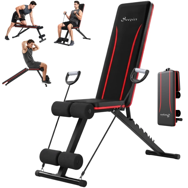 Soozier Adjustable Weight Bench for Home Gym, Foldable Incline Decline Bench Press with Resistance Bands, 7-Position Backrest