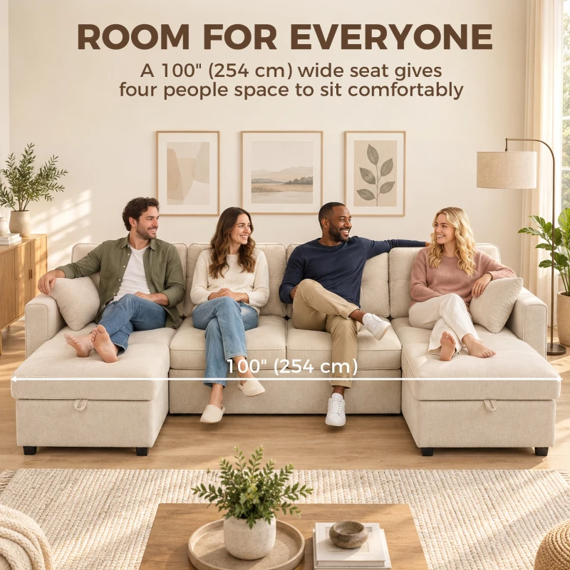 HOMCOM Sectional Sofa Bed, 113" U Shaped Pull Out Sleeper Sofa Bed with Dual Storage Chaises, Wide and Deep Seat, Beige