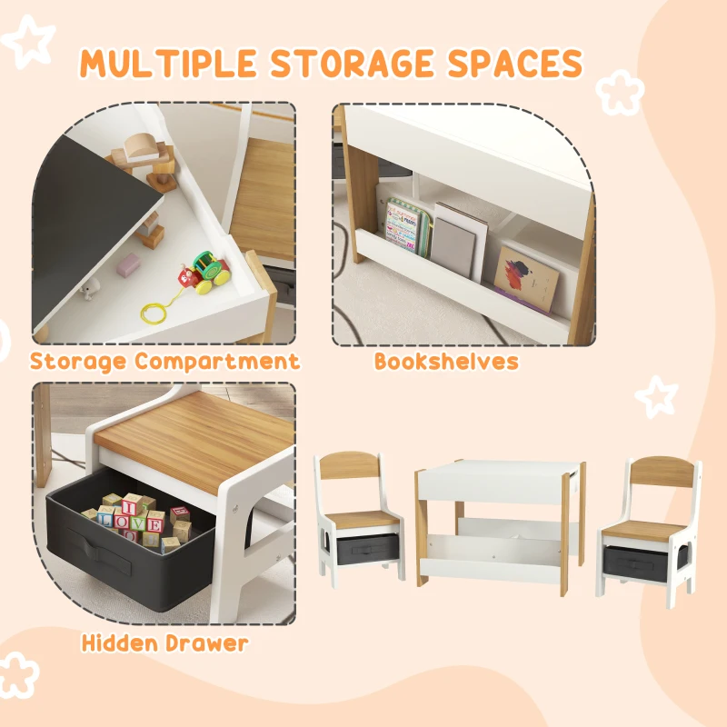 Qaba 3pc Kids Table and Chair Set with Reversible Tabletop Blackboard, Storage & Bookshelves, Natural