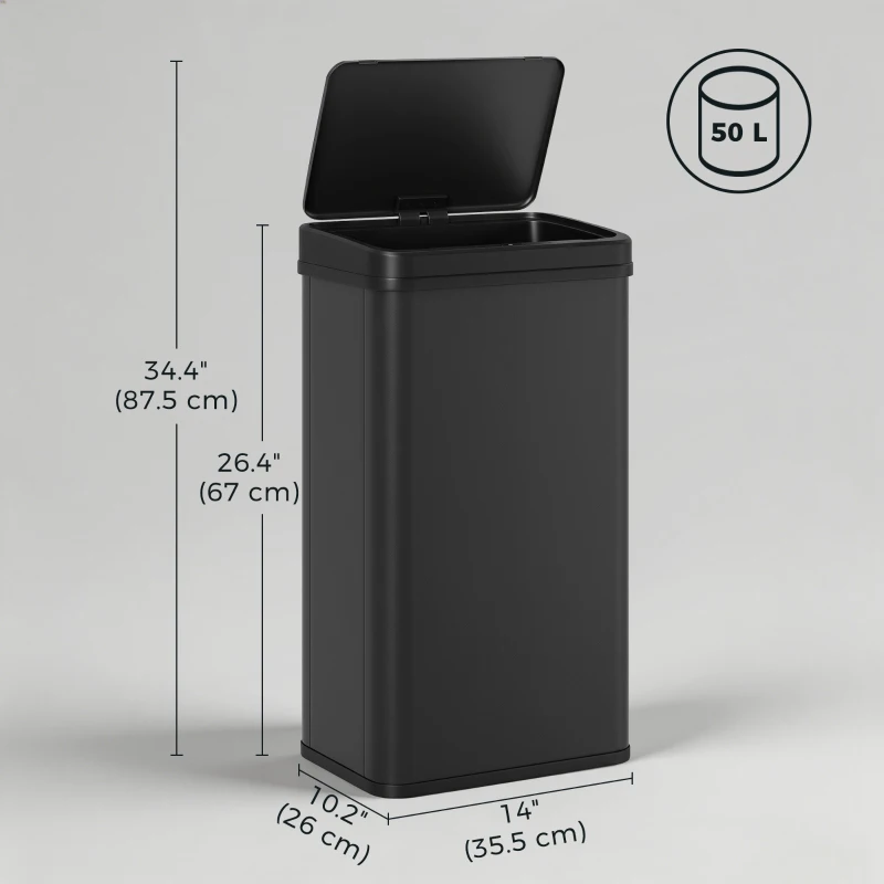 HOMCOM 13.2 Gal (50 L) Automatic Garbage Can w/ Soft-Close Lid, Trash Can with Fingerprint Resistant Stainless Steel, Black