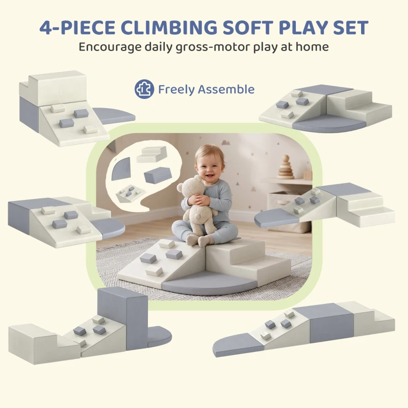 Qaba Soft Play Set, 4-Piece Climbing Blocks for Baby, Indoor Soft Play Toys with PU Leather