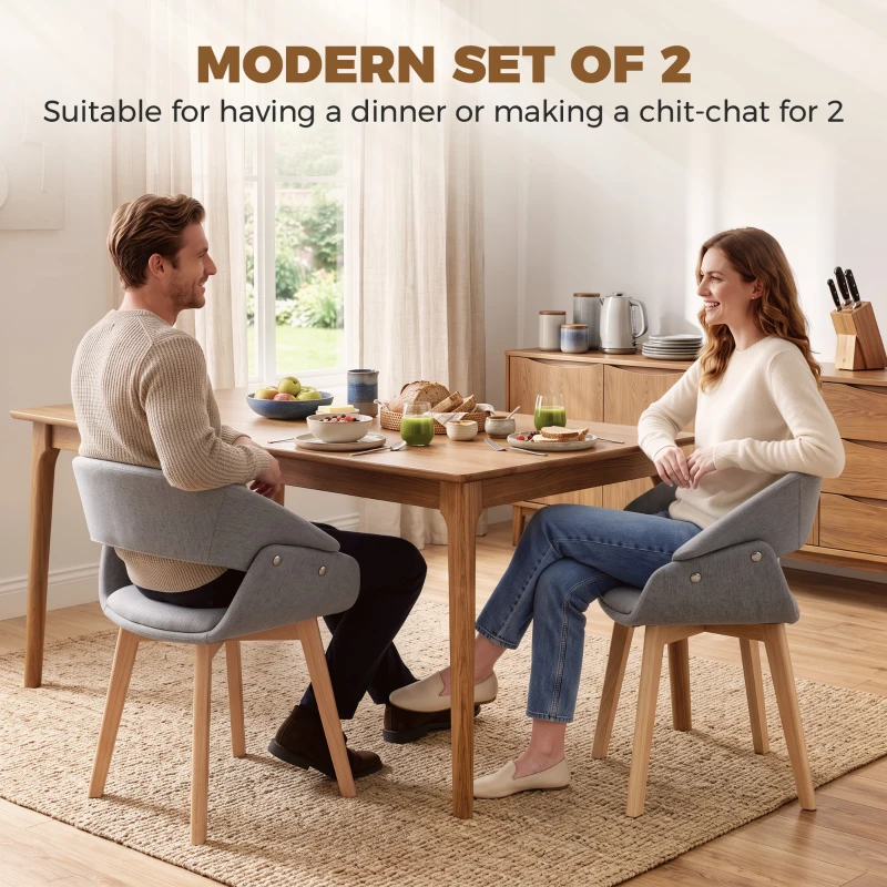 HOMCOM Dining Chairs Linen Fabric Upholstered Ergonomic Kitchen Chairs Beech Wood Legs Set of 2, Light Grey