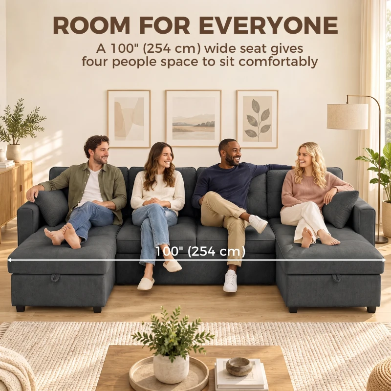 HOMCOM Sectional Sofa Bed, 113" U Shaped Pull Out Sleeper Sofa Bed with Dual Storage Chaises, Wide and Deep Seat, Dark Grey