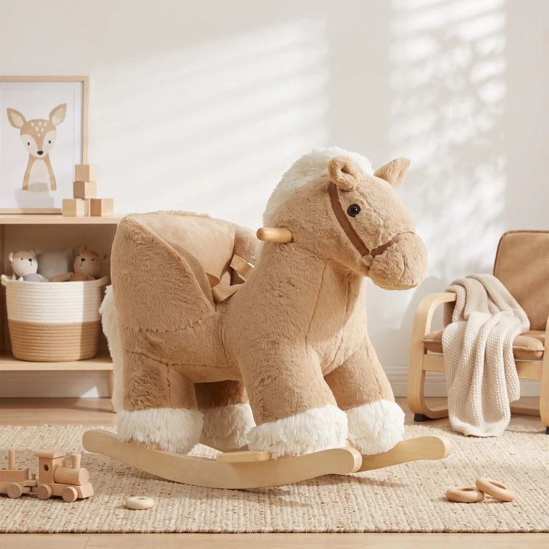 Qaba Rocking Horse with Seat Belt, Plush Ride-On Rocker with Realistic Sound for Toddlers Ages 18-36 Months, Brown