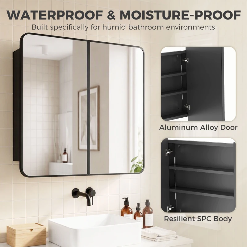 HOMCOM 30 x 24 Inch Bathroom Medicine Cabinet with Mirror, Adjustable Shelves, Wall-Mounted or Recessed, Black