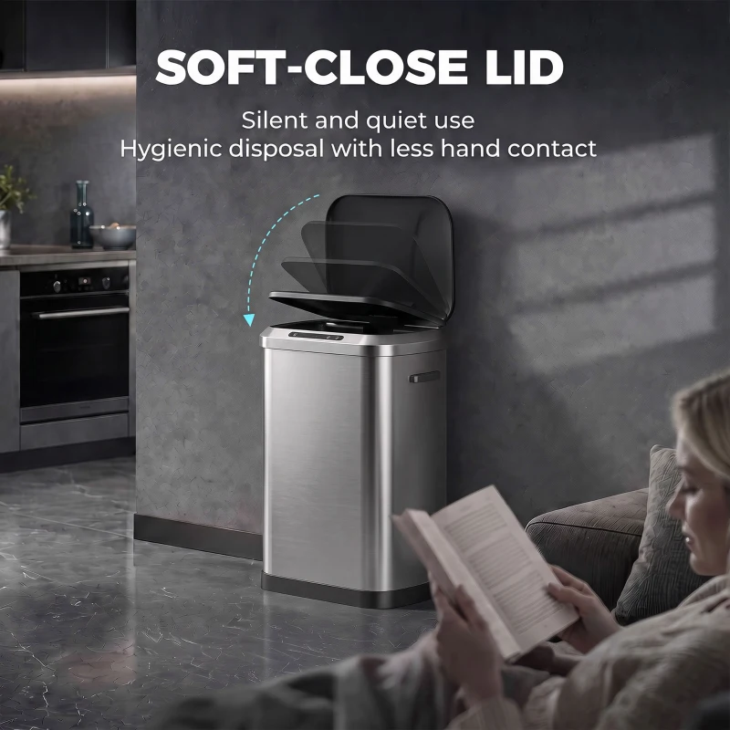 HOMCOM Automatic Trash Can, 13.2Gal / 50L Touchless Garbage Can with Soft-Close Lid, Stay Open, Stainless Steel, Silver