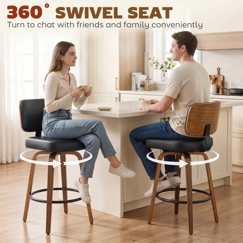 HOMCOM Bar Stools Set of 2 Modern Swivel PU Leather Upholstered Counter Height Bar Chairs, Black