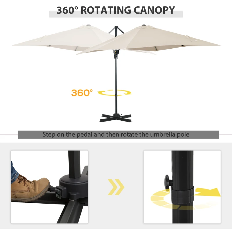 Outsunny 8' x 8' Square Patio Hanging Offset Umbrella with 360° Rotation, Aluminum Outdoor Cantilever Parasol with Crank & Tilt, Sun Canopy Shelter with Cross Base, White