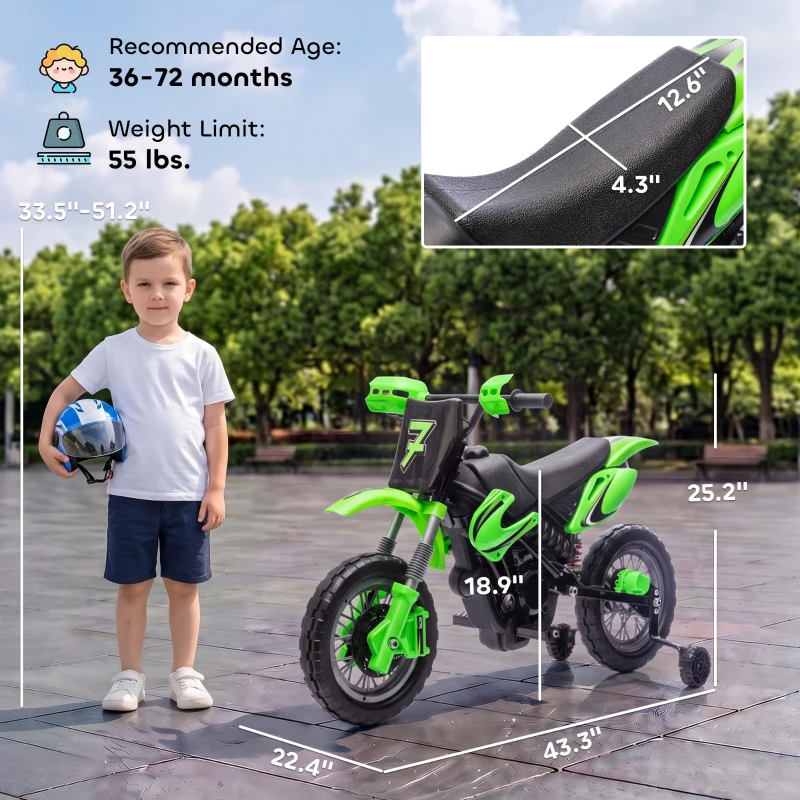 Qaba 12V Kids Motorcycle, 2 x 35W Electric Dirt Bike with Training Wheels, Rear Suspension, Horn for 3-6 Years, Green