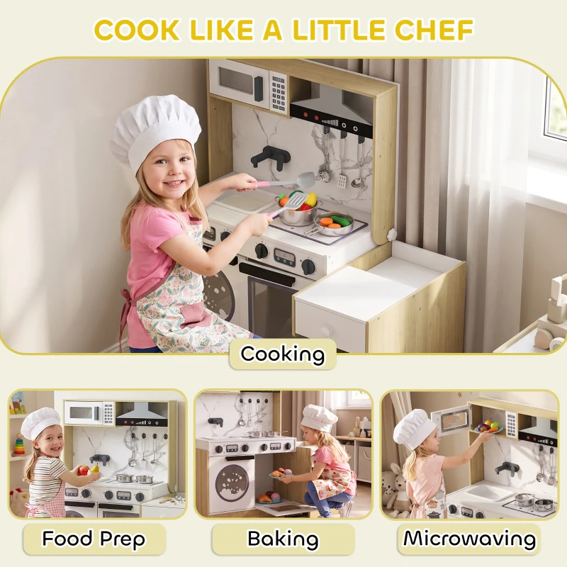 Qaba Kids Kitchen Playset, 2-in-1 Convertible Table and Chair Set with Sink, Oven, Microwave, Accessories for 3-8