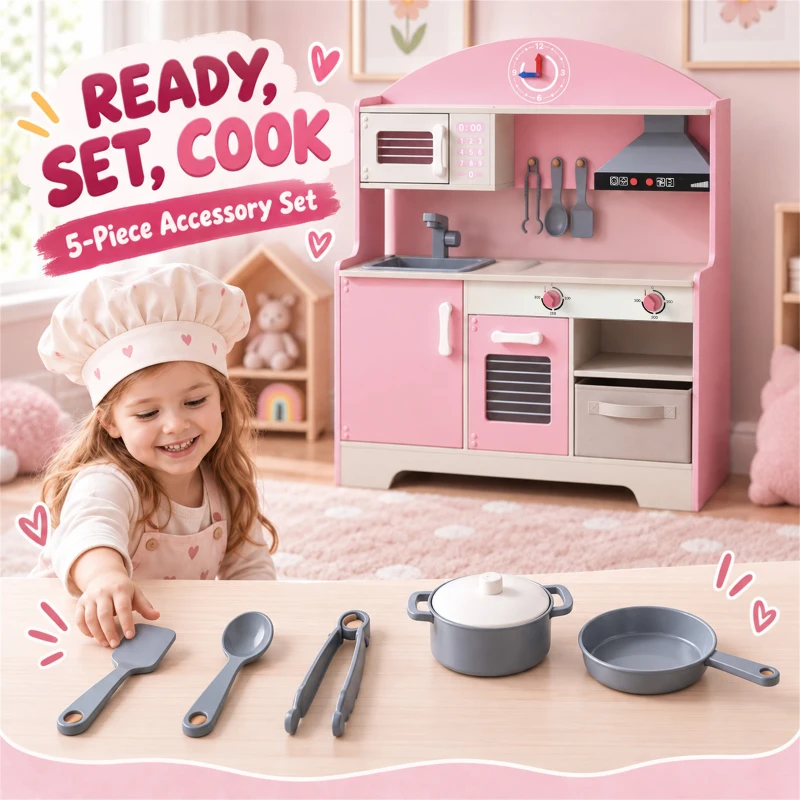 Qaba Wooden Play Kitchen Set for Kids with Real Lights & Sounds, 5PCs Accessories, Gift for Boys & Girls, Ages 3-6, Pink