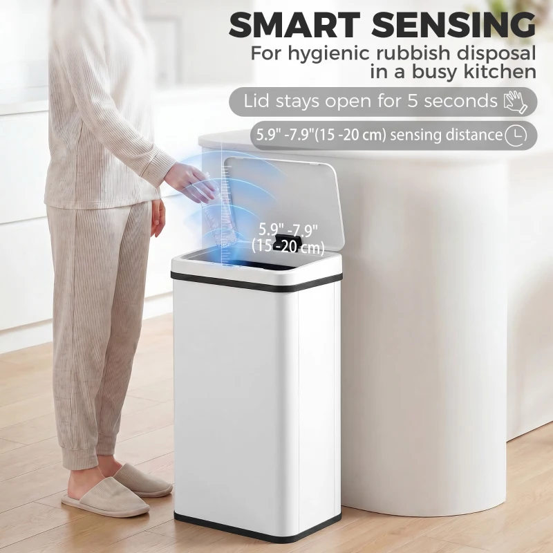 HOMCOM 13.2 Gal (50 L) Automatic Garbage Can w/ Soft-Close Lid, Trash Can with Fingerprint Resistant Stainless Steel, White