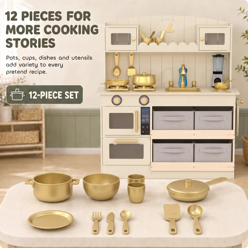 Qaba Wooden Play Kitchen Set for Kids with Real Lights & Sounds, 12PCs Accessories, Gift for Boys & Girls, Ages 3-6, Cream