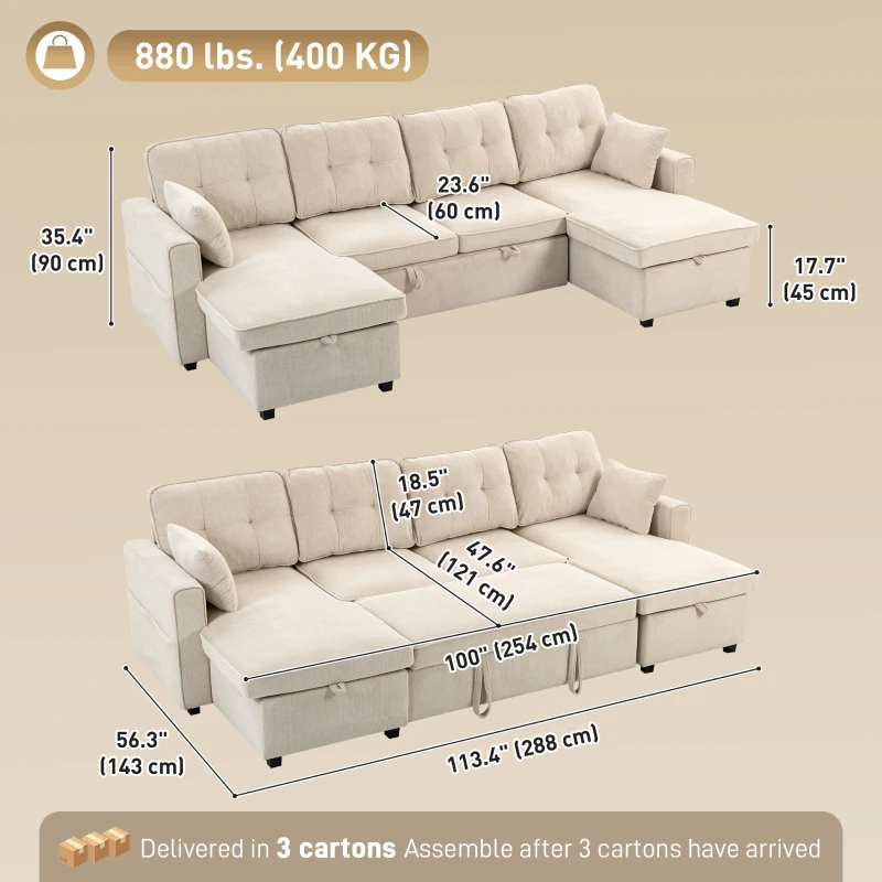 HOMCOM Sectional Sofa Bed, 113" U Shaped Pull Out Sleeper Sofa Bed with Dual Storage Chaises, Wide and Deep Seat, Beige