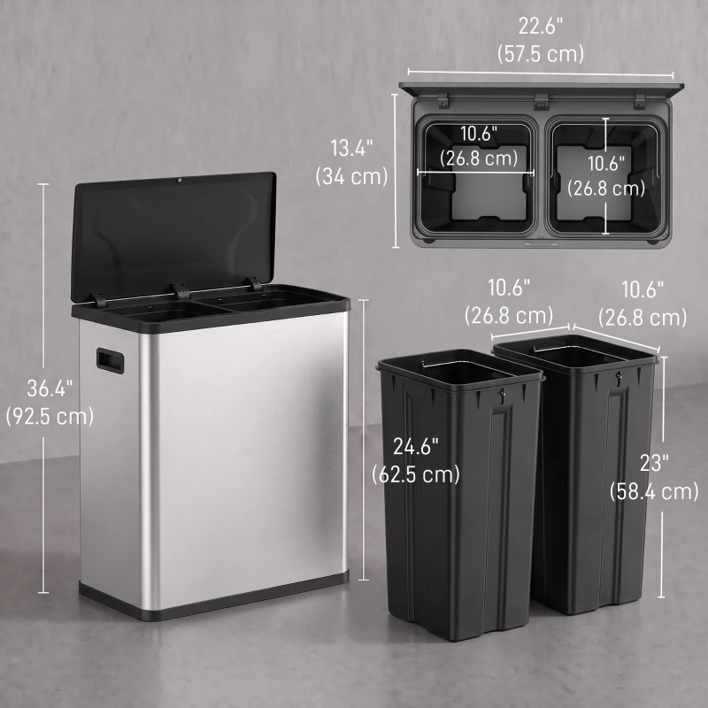 HOMCOM Automatic Trash Can, 15.8Gal / 60L Touchless Garbage Can with Dual Compartments, Stainless Steel, Silver