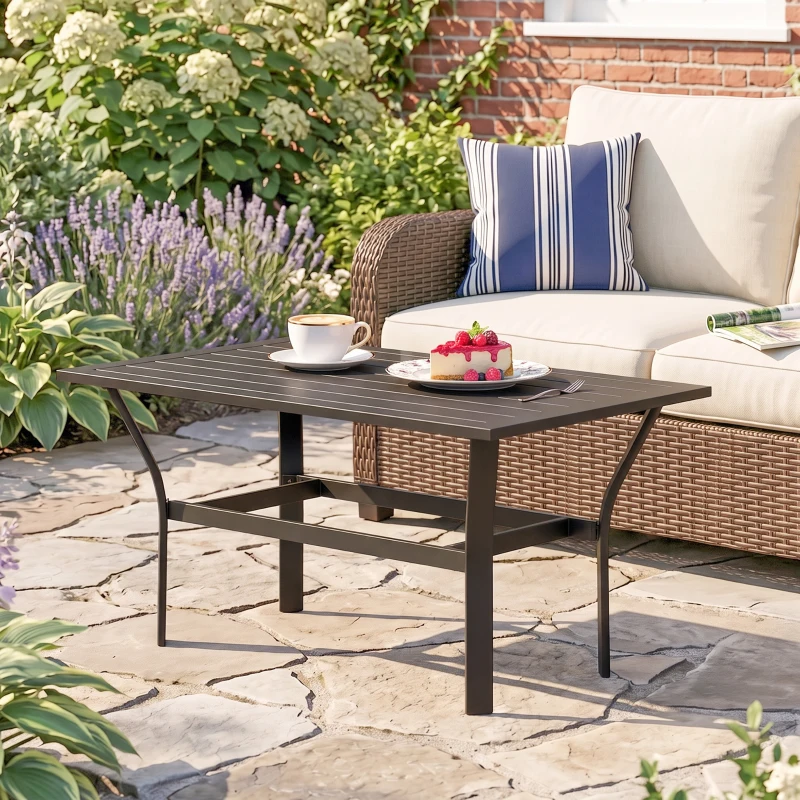 Outsunny Outdoor Side Table with Slatted Tabletop, Metal Patio Coffee Table for Garden, Balcony, Black