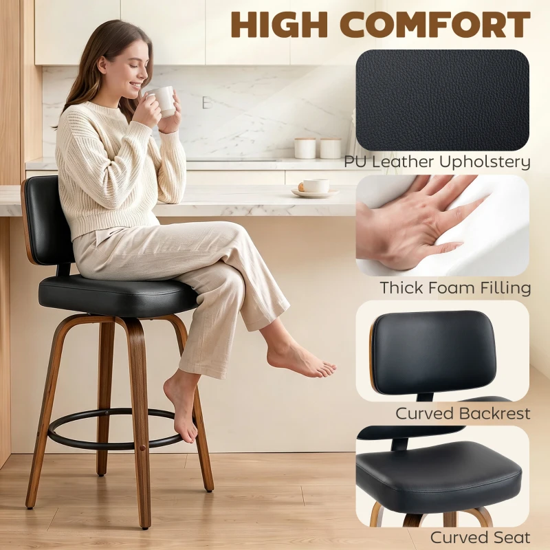 HOMCOM Bar Stools Set of 2 Modern Swivel PU Leather Upholstered Counter Height Bar Chairs, Black