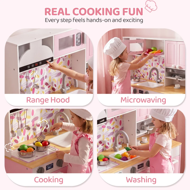 Qaba Play Kitchen, Kids Kitchen Playset with Coffee Maker, Ice Maker, Clicking Knobs, Storage, Accessories for 3-8 Years