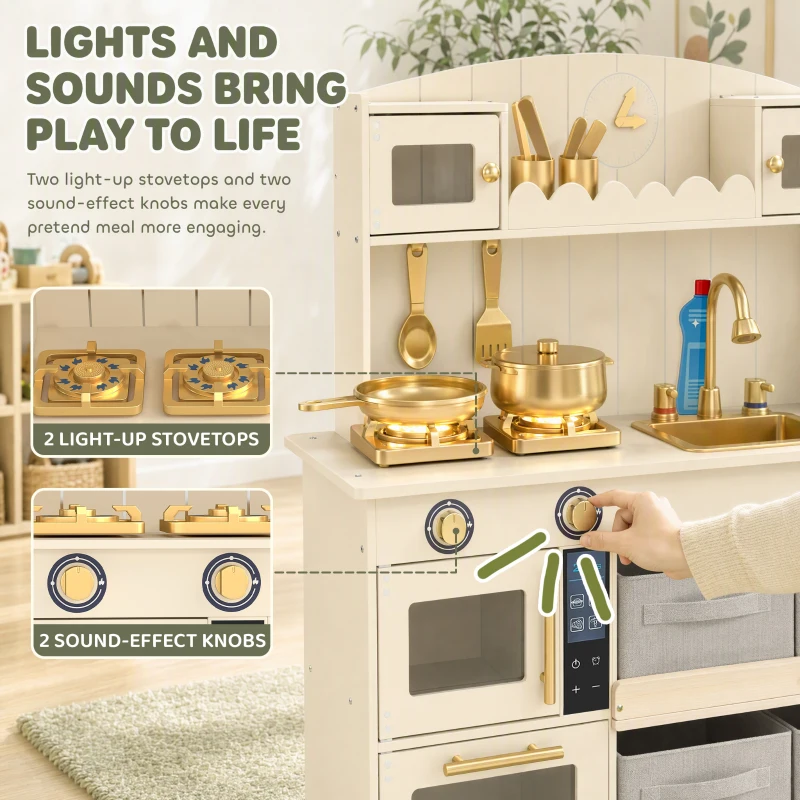 Qaba Wooden Play Kitchen Set for Kids with Real Lights & Sounds, 12PCs Accessories, Gift for Boys & Girls, Ages 3-6, Cream