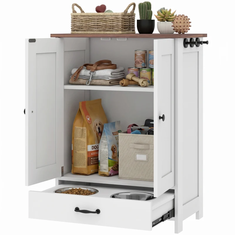 PawHut Pet Food Storage Container Dog Feeding Station w/ Adjustable Panel, Hooks, for Medium Sized Dogs, White