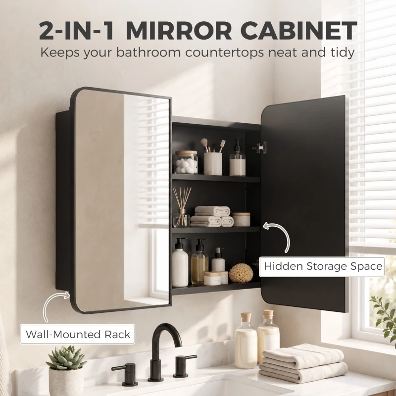 HOMCOM 30 x 24 Inch Bathroom Medicine Cabinet with Mirror, Adjustable Shelves, Wall-Mounted or Recessed, Black