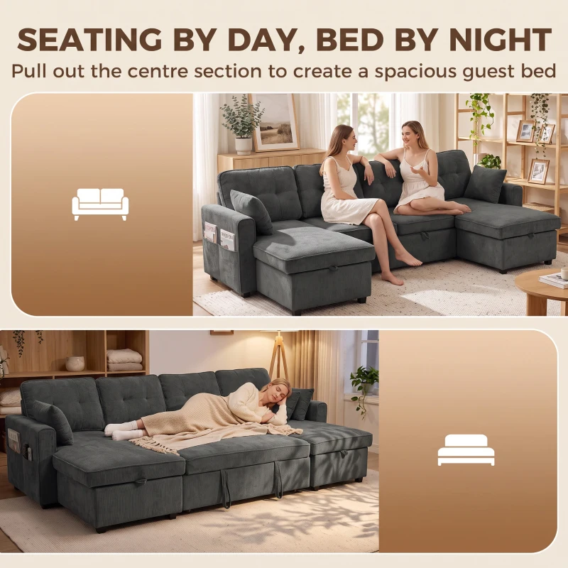 HOMCOM Sectional Sofa Bed, 113" U Shaped Pull Out Sleeper Sofa Bed with Dual Storage Chaises, Wide and Deep Seat, Dark Grey