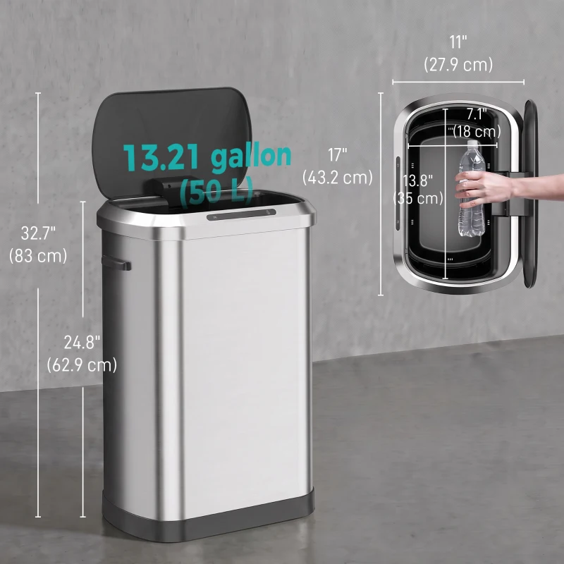 HOMCOM Automatic Trash Can, 13.2Gal / 50L Touchless Garbage Can with Soft-Close Lid, Stay Open, Stainless Steel, Silver